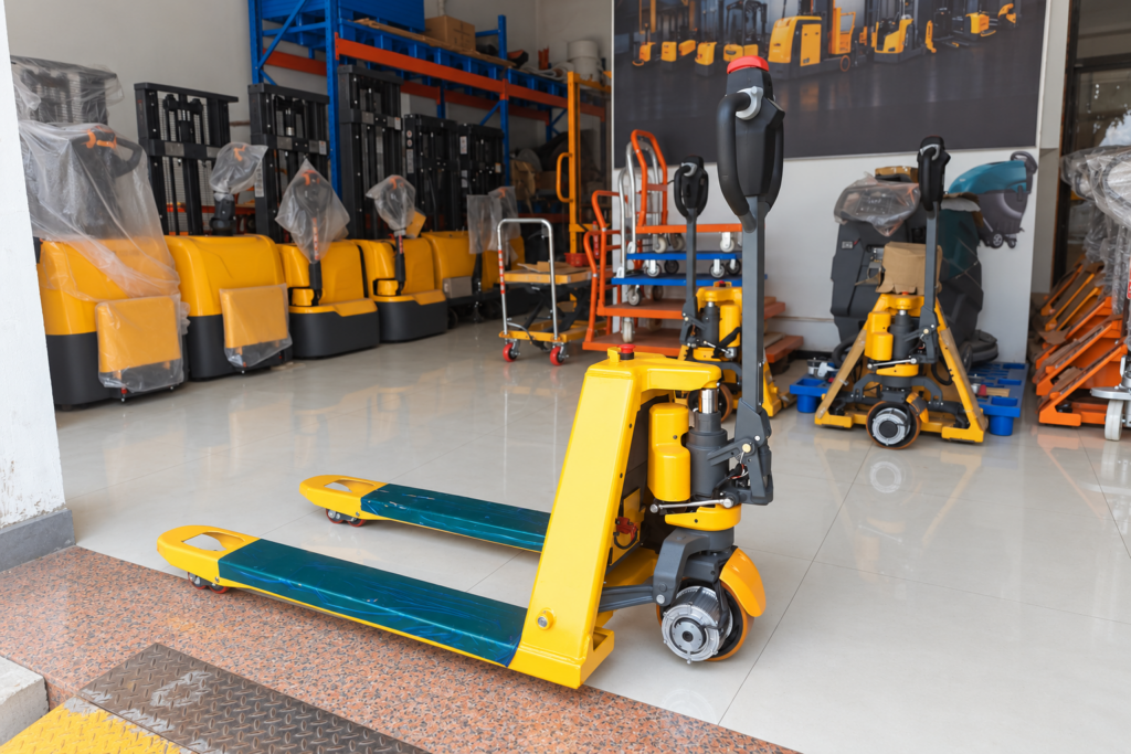Electric pallet trucks and stackers prepared in a showroom