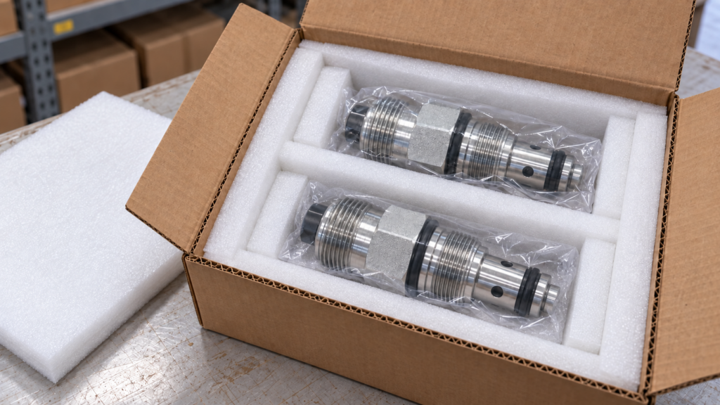 Replacement valve components protected in a cardboard box
