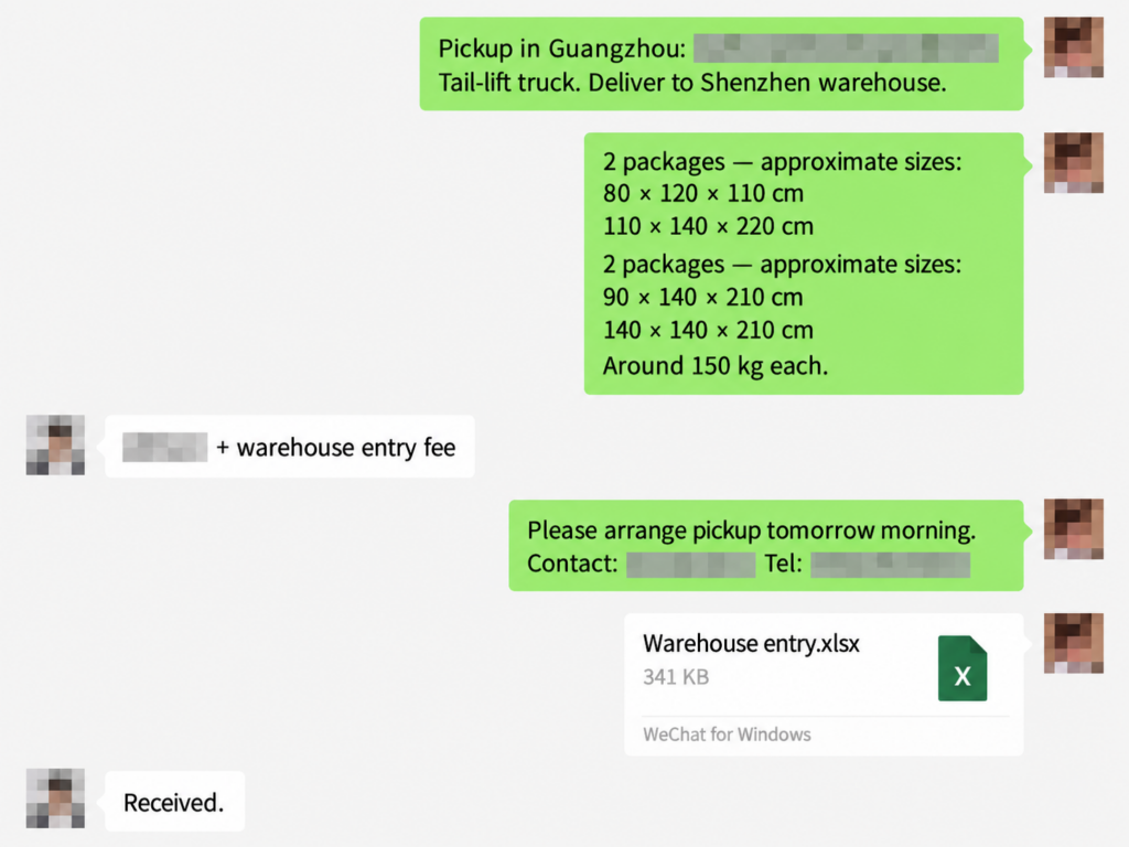 Messages coordinating cargo pickup and packing details