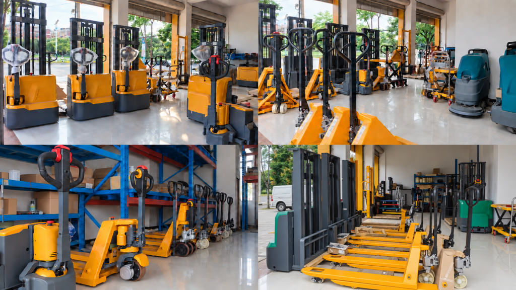 Material handling equipment displayed in a showroom