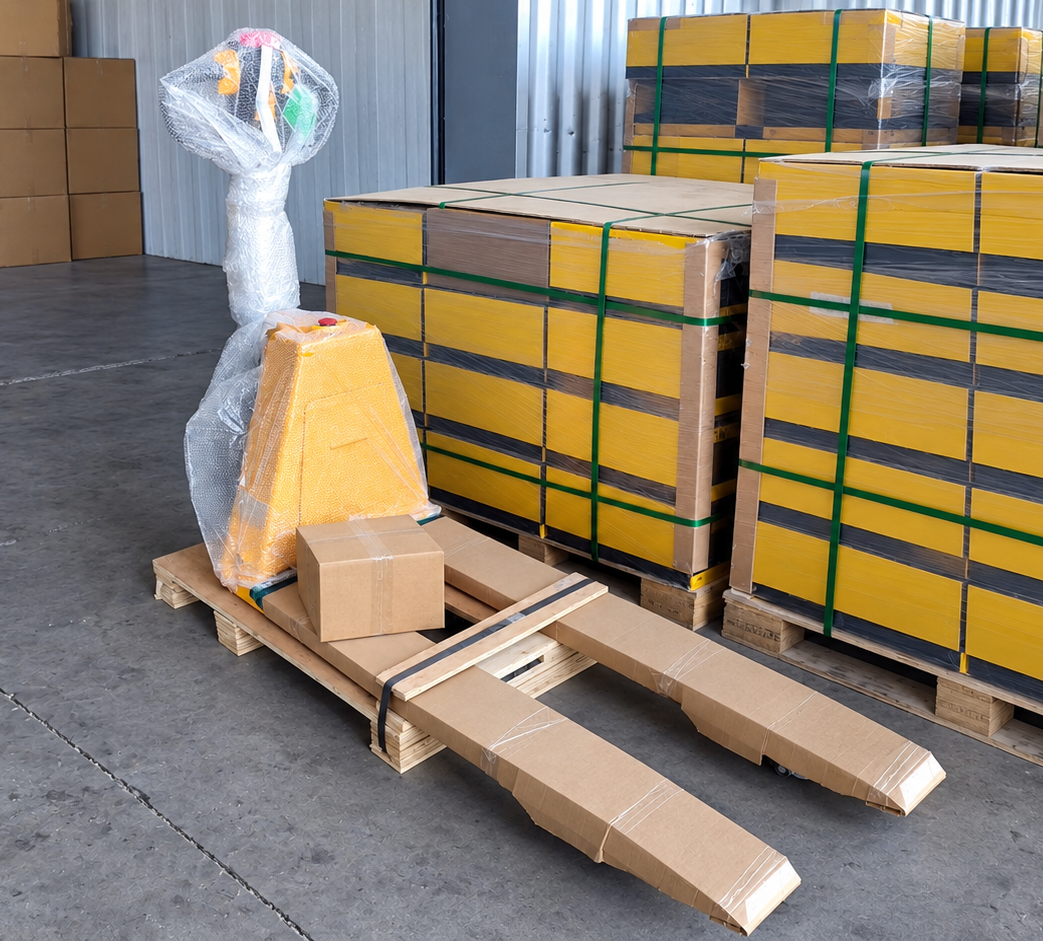 Pallet truck protected with cardboard and wrapping for shipment