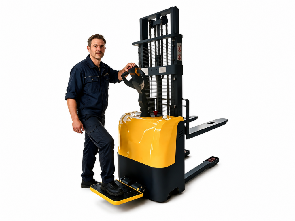 Electric stacker and operator in a warehouse
